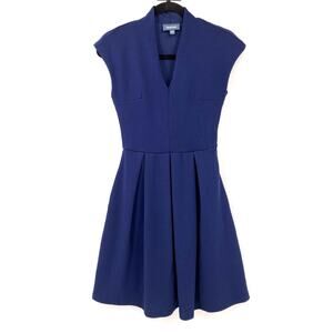 ModCloth Navy Blue V Neck Cap Sleeve Pleated Lined Fit & Flare Cocktail Dress